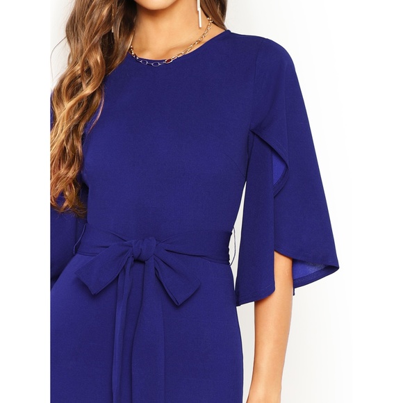 Royal Blue Flutter Sleeve Belted Midi Dress - Picture 5 of 6